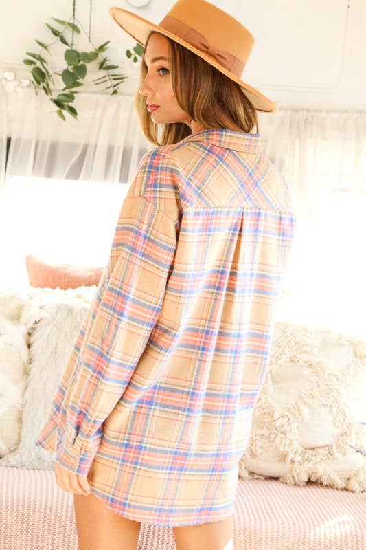 Collared Pocket Detail Roll-Up Sleeve Plaid Shirt