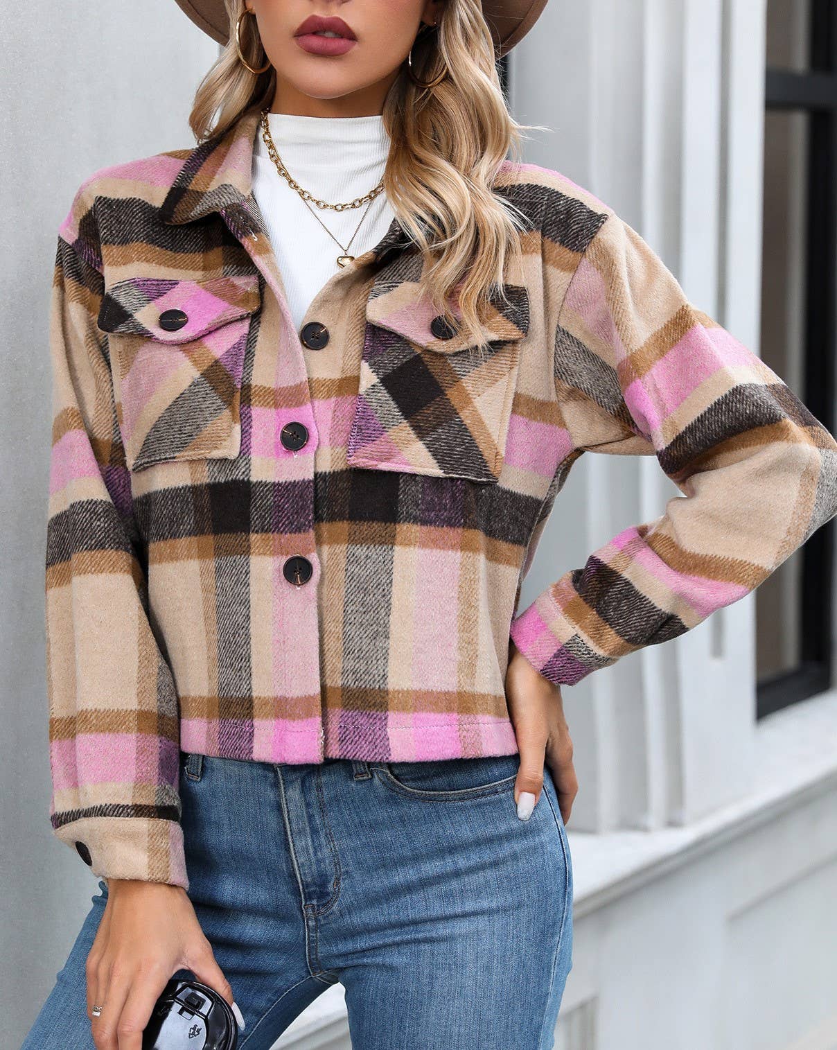 Lapel Check Pockets Tweed Cropped Jacket