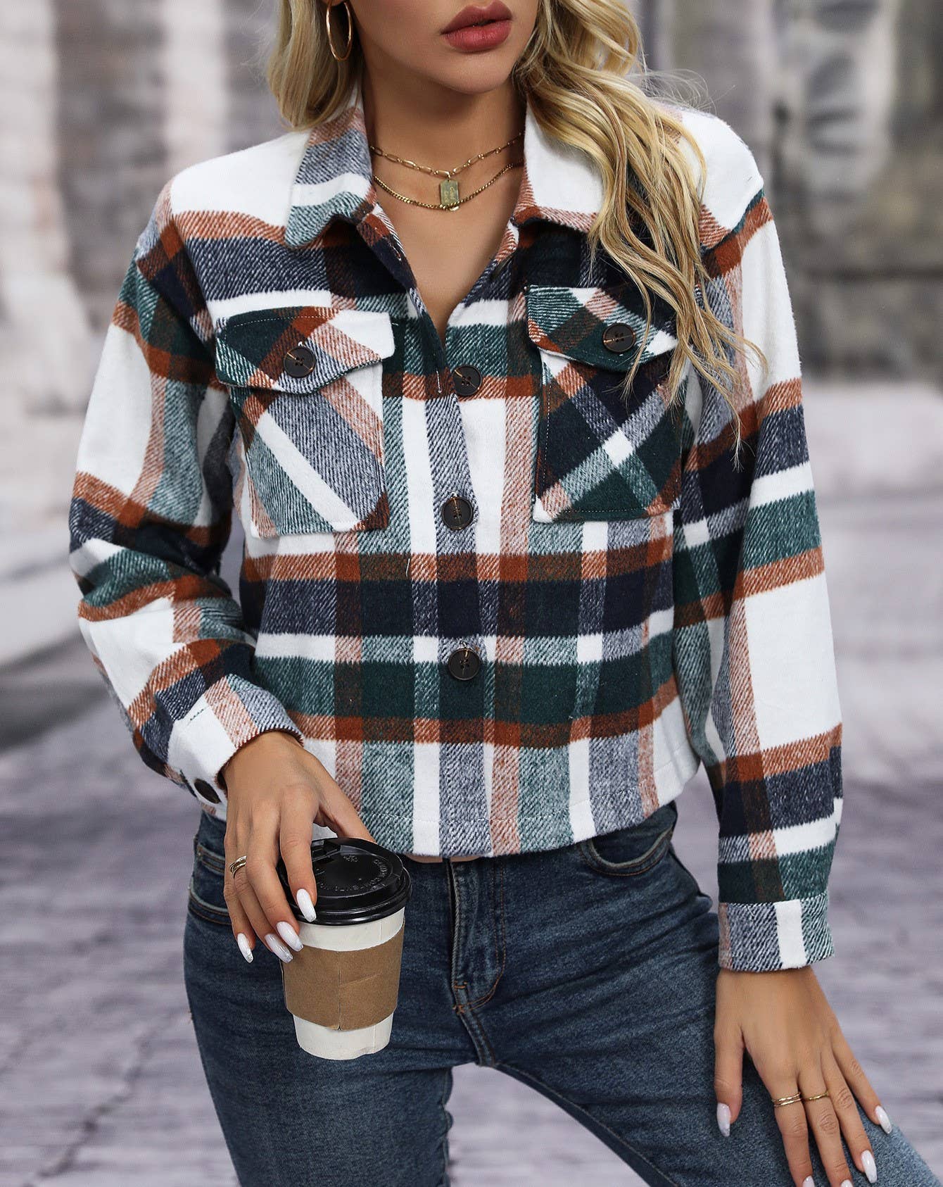 Lapel Check Pockets Tweed Cropped Jacket