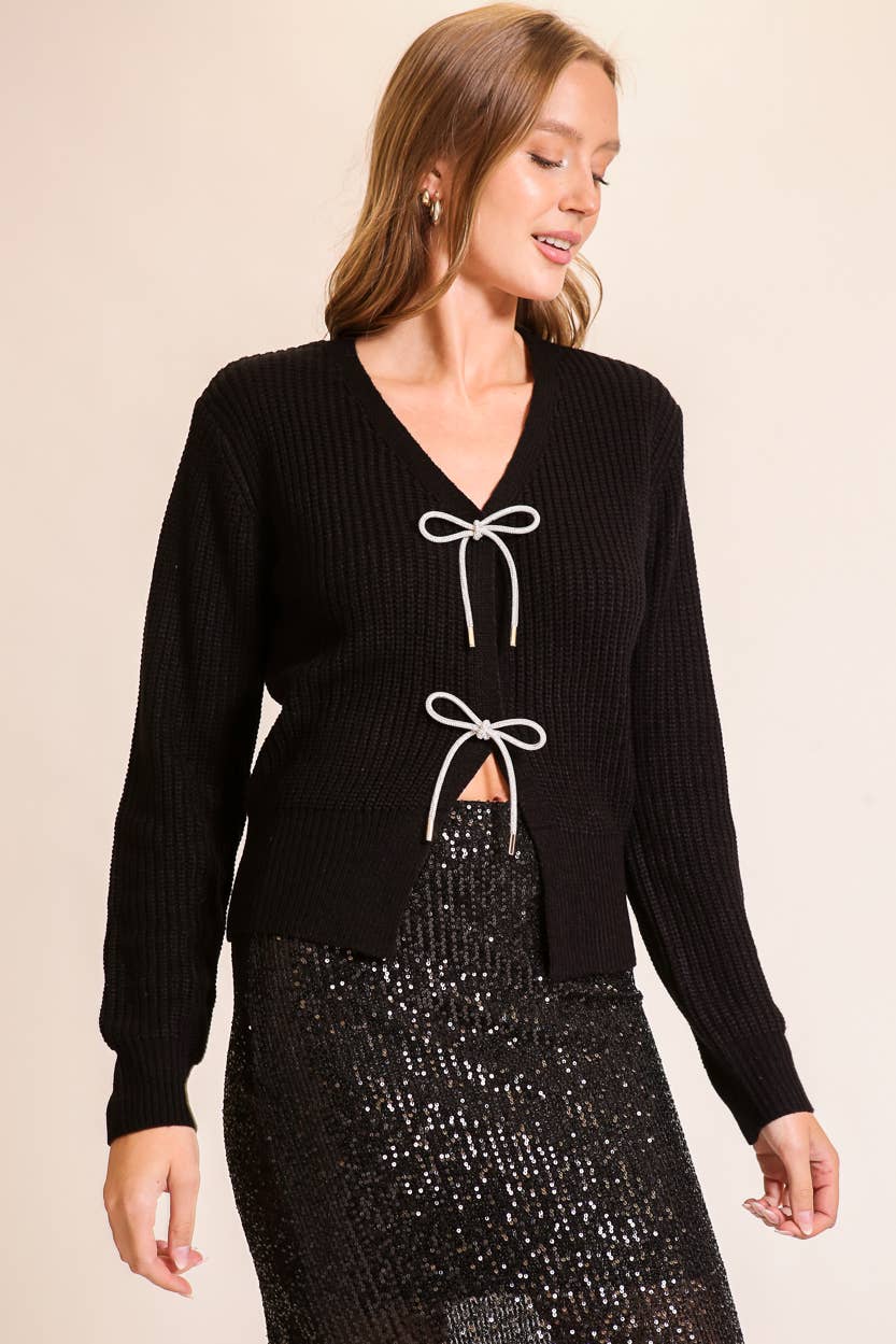 Contrast Bow Tie Cardigan Sweater