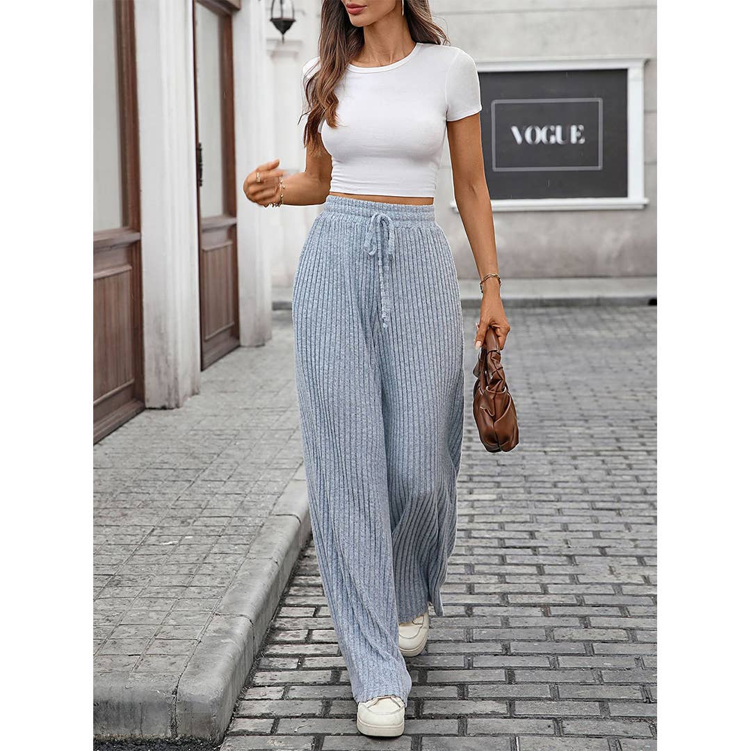 Solid Drawstring Ribbed Brushed Elastic Waist Pants HLL283