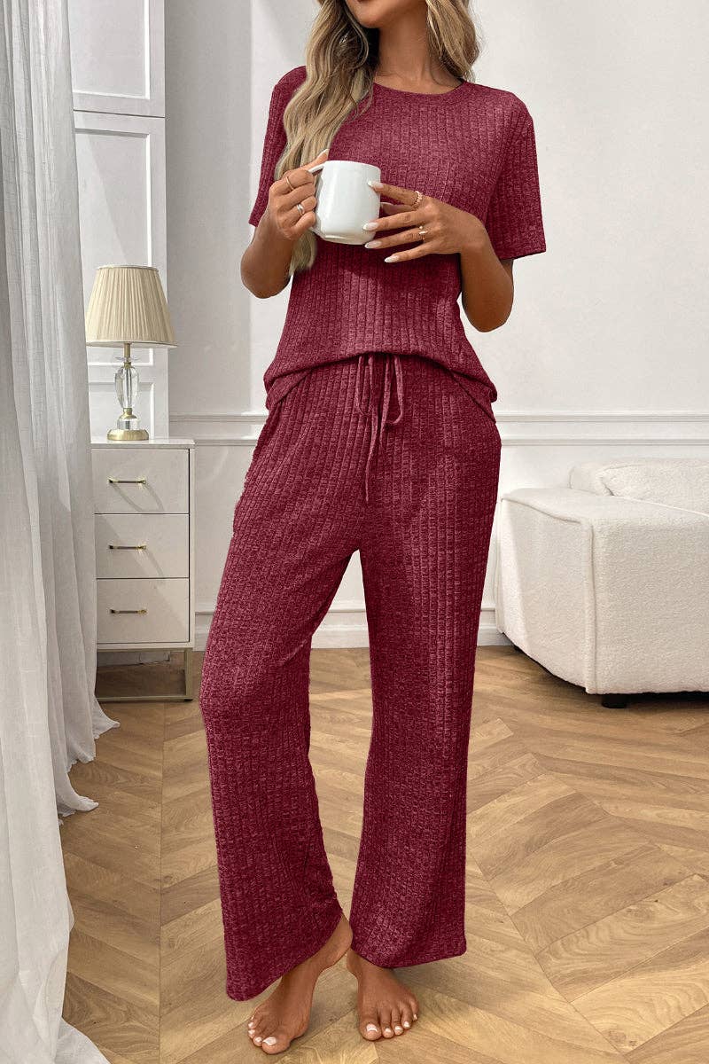 Ribbed Knit Lounge Set with Short Sleeve Top and Pants