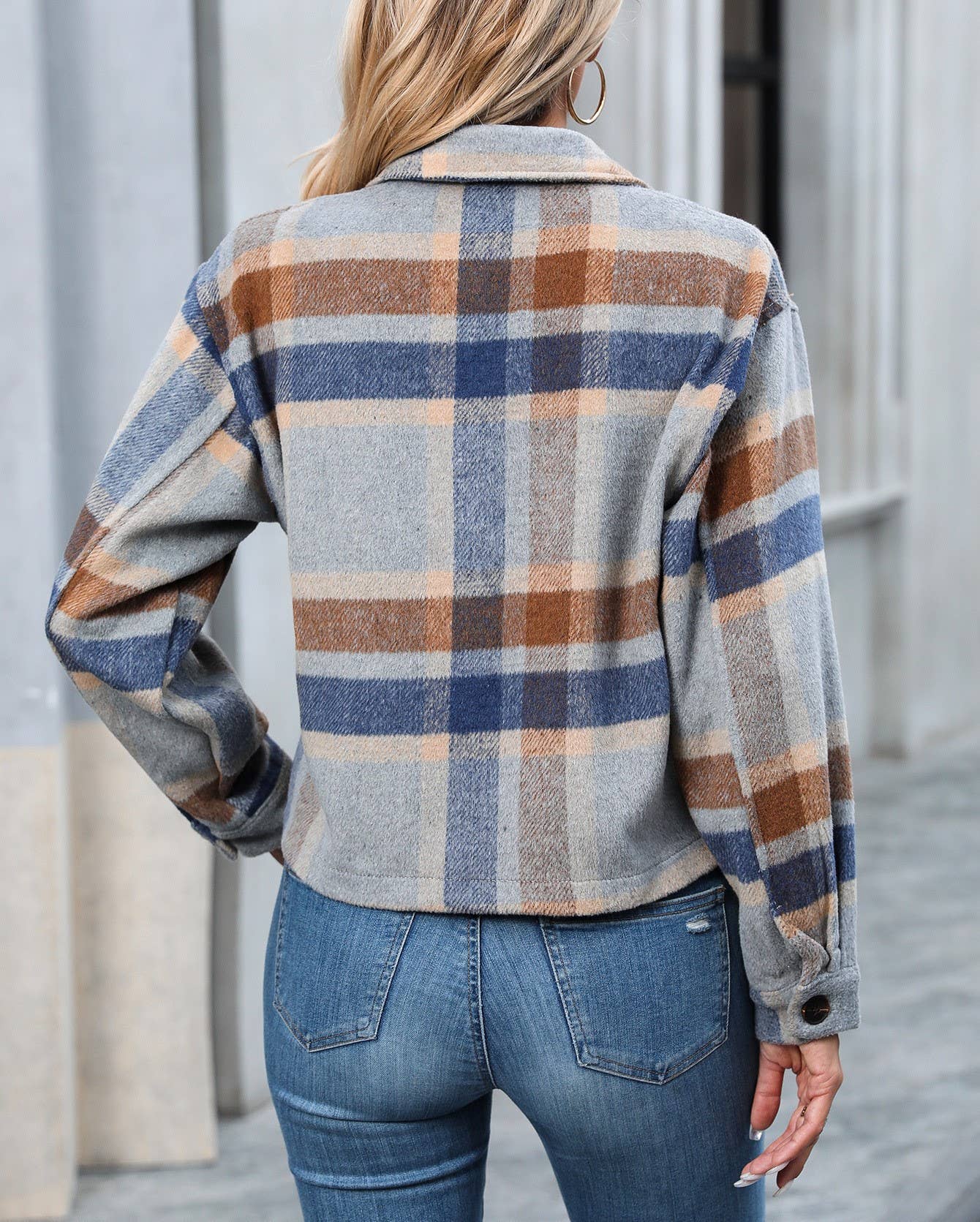 Lapel Check Pockets Tweed Cropped Jacket