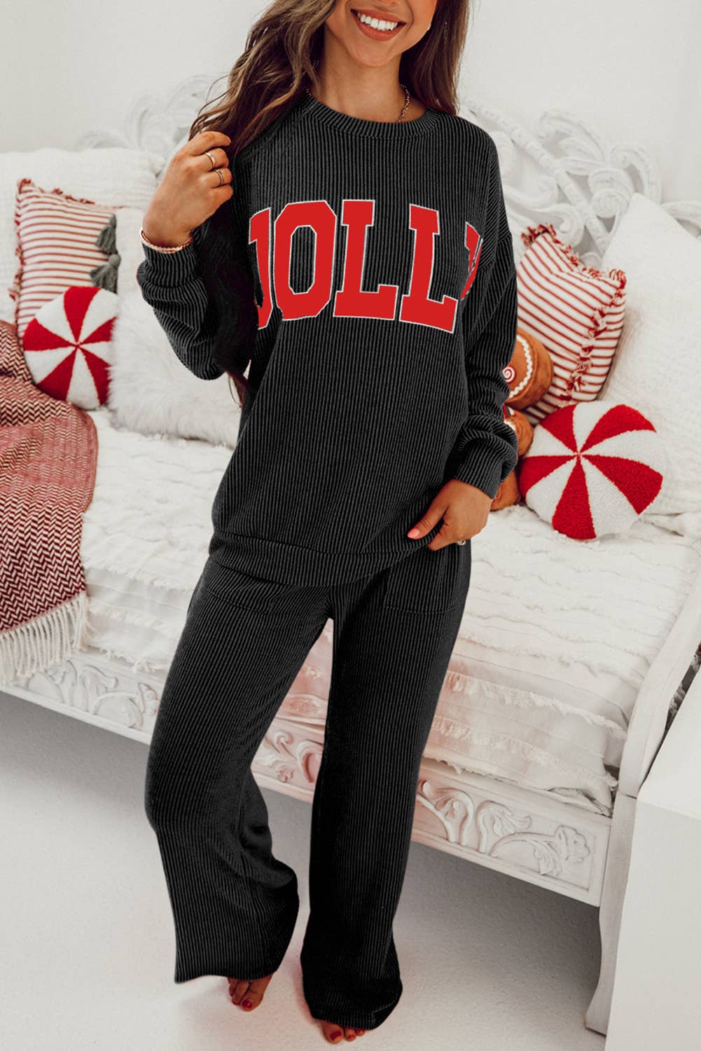 JOLLY Ribbed Knit Loungewear Set with Long Sleeve Top