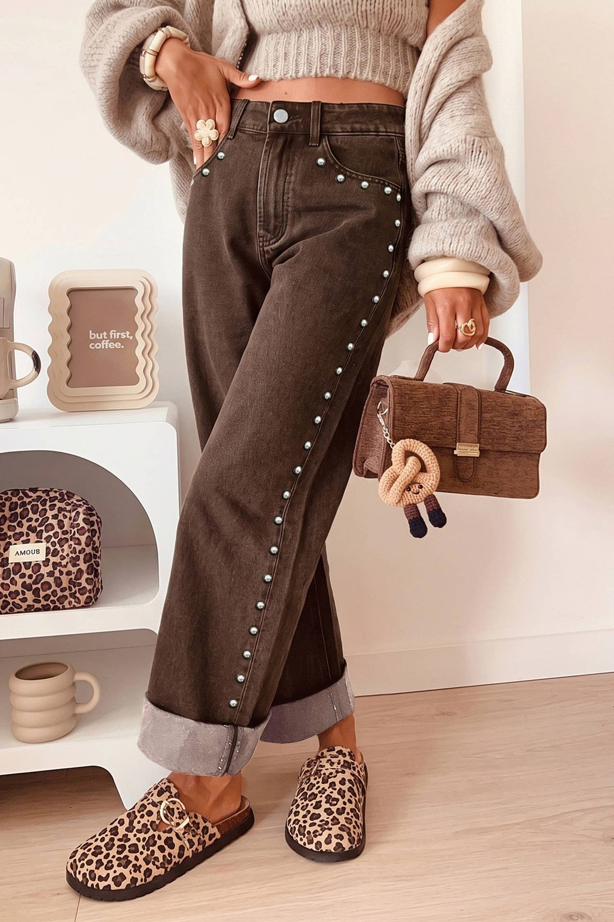 66 Fall 2026 High Waisted Studded Wide Leg Jeans