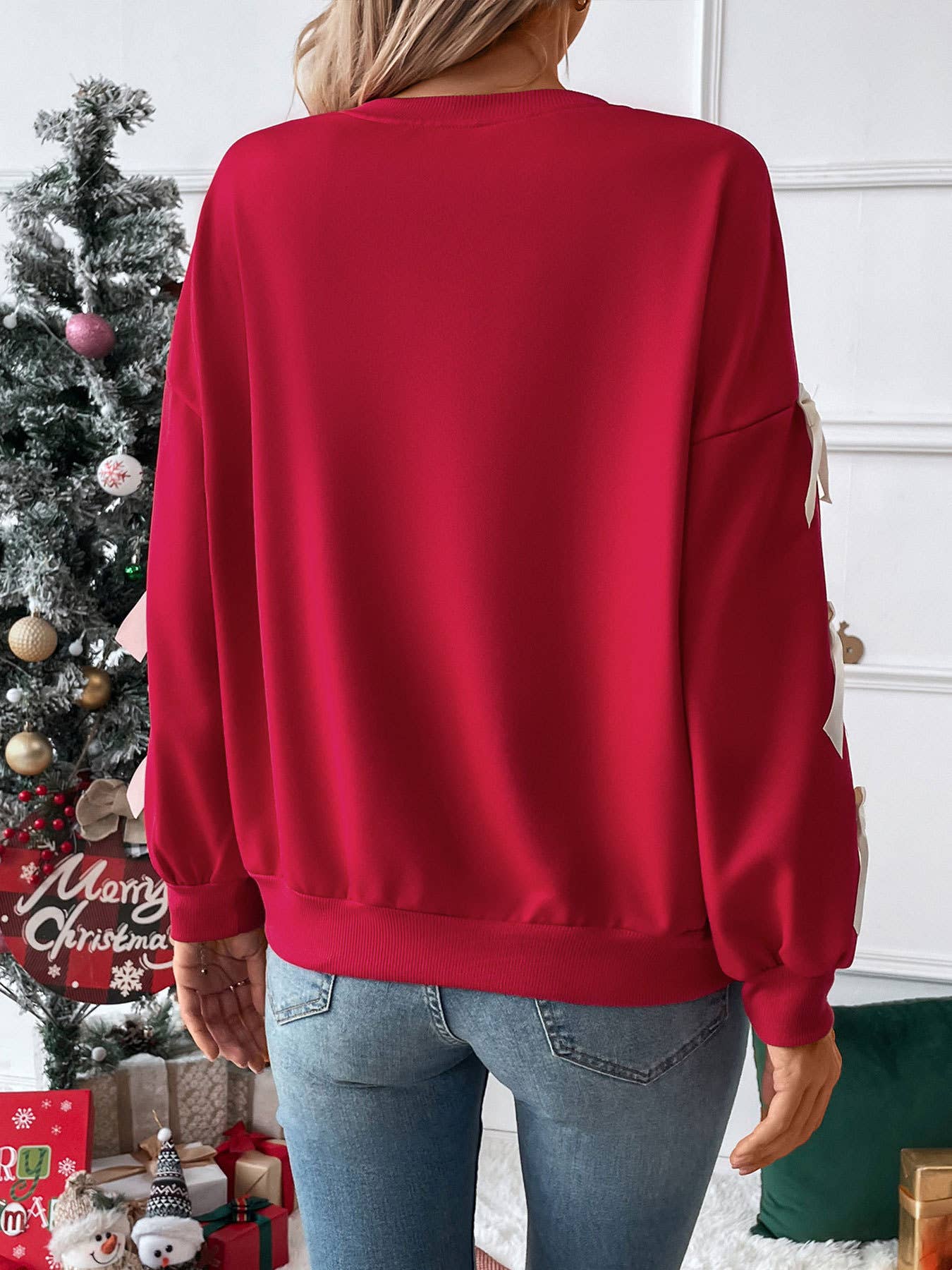 Crew Neck Pullover Top 3D Bowknot Trim Loose Sweatshirts