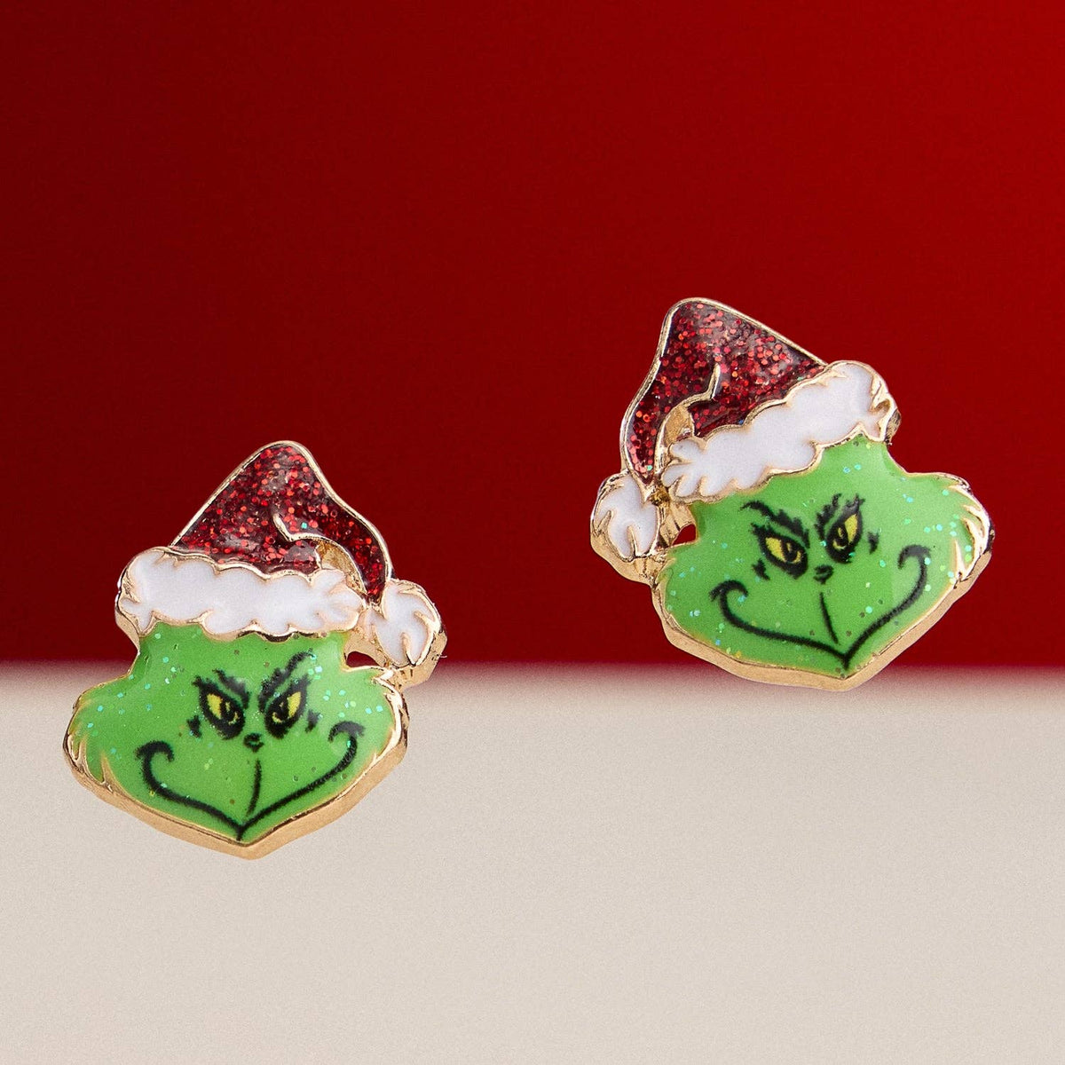 Enamel Green Monster Face Stud Earrings | Santa Hat Design