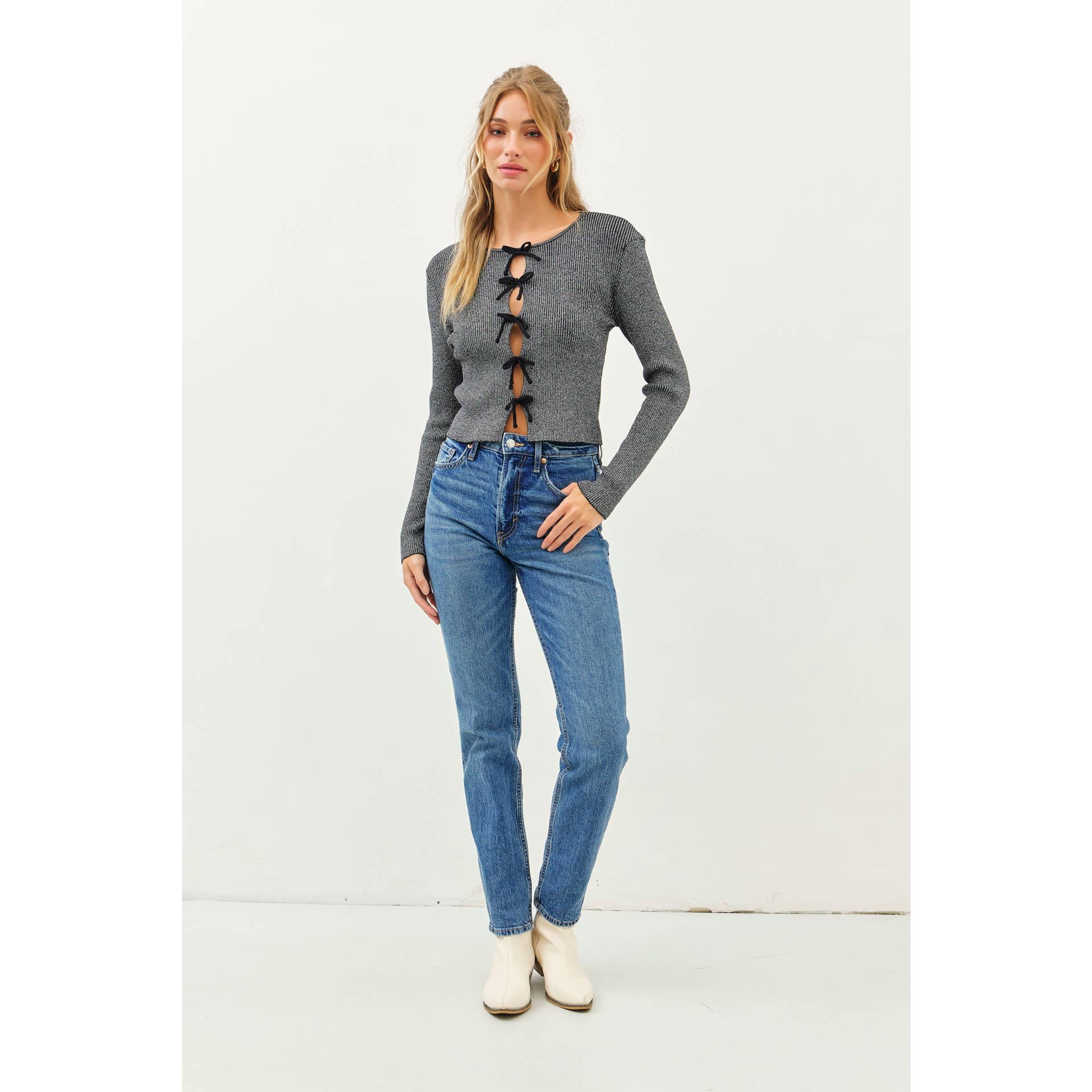 BOLD STATEMENT METALLIC SWEATER KNIT TOP WITH BOWS