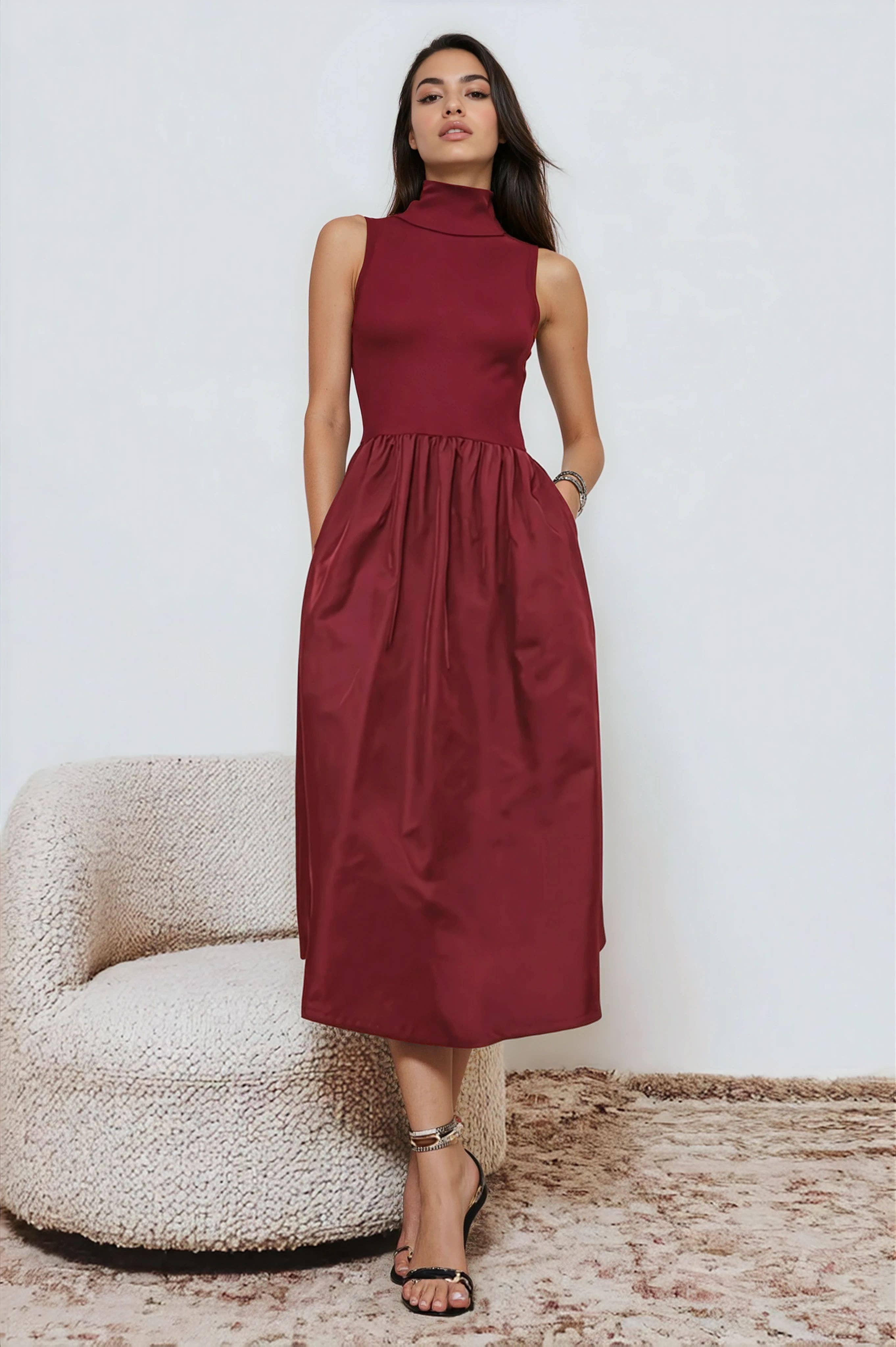 Sleeveless Mock Neck Midi Dress