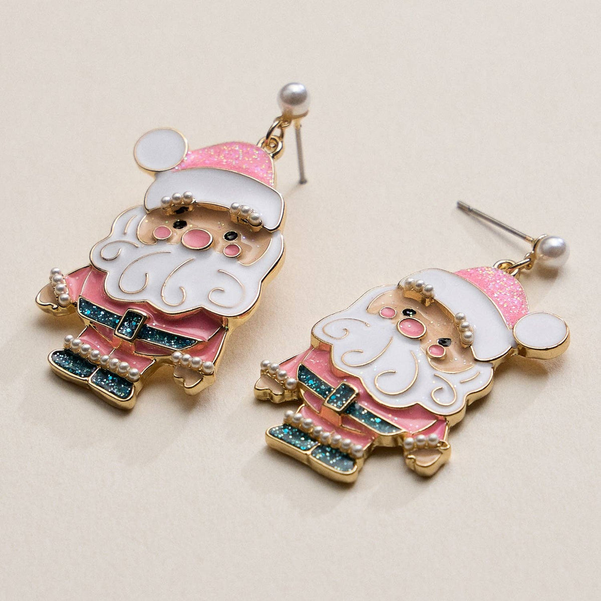 Enamel Pink Santa Claus | Christmas Drop Earrings