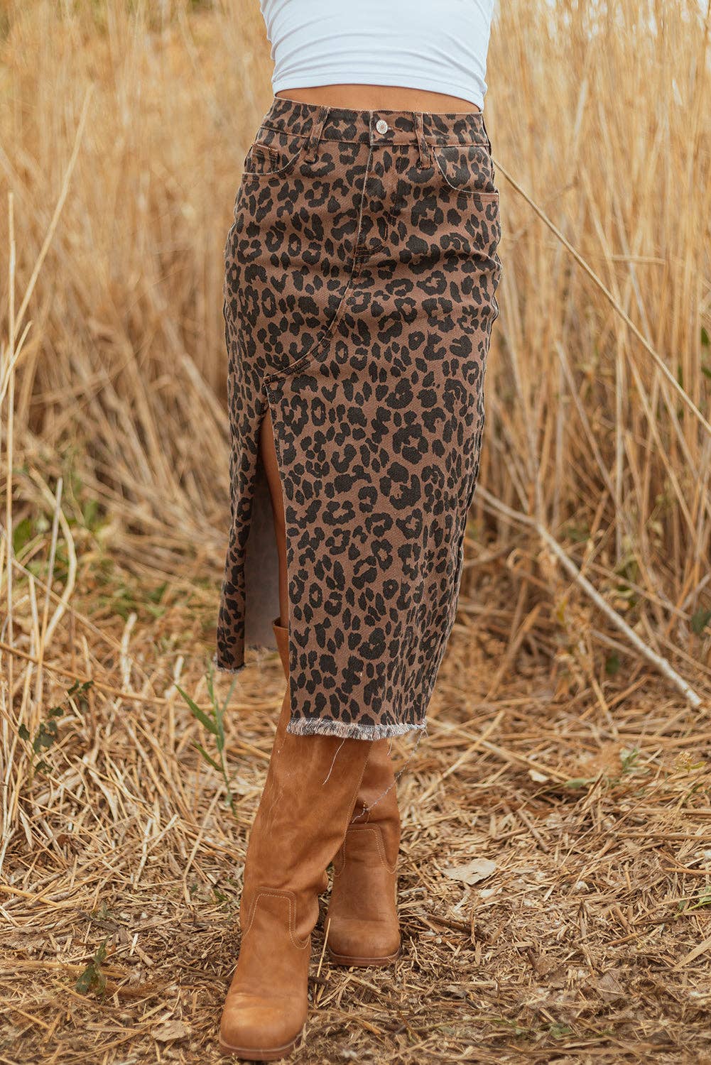 Leopard Denim Frayed Hem Midi Skirt: Brown / M