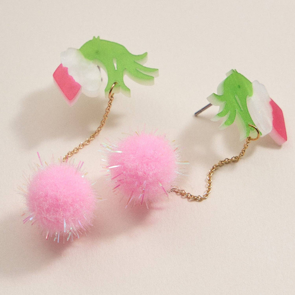 Green Monster Pom Pom Drop Earrings | Whimsical Acrylic Earrings