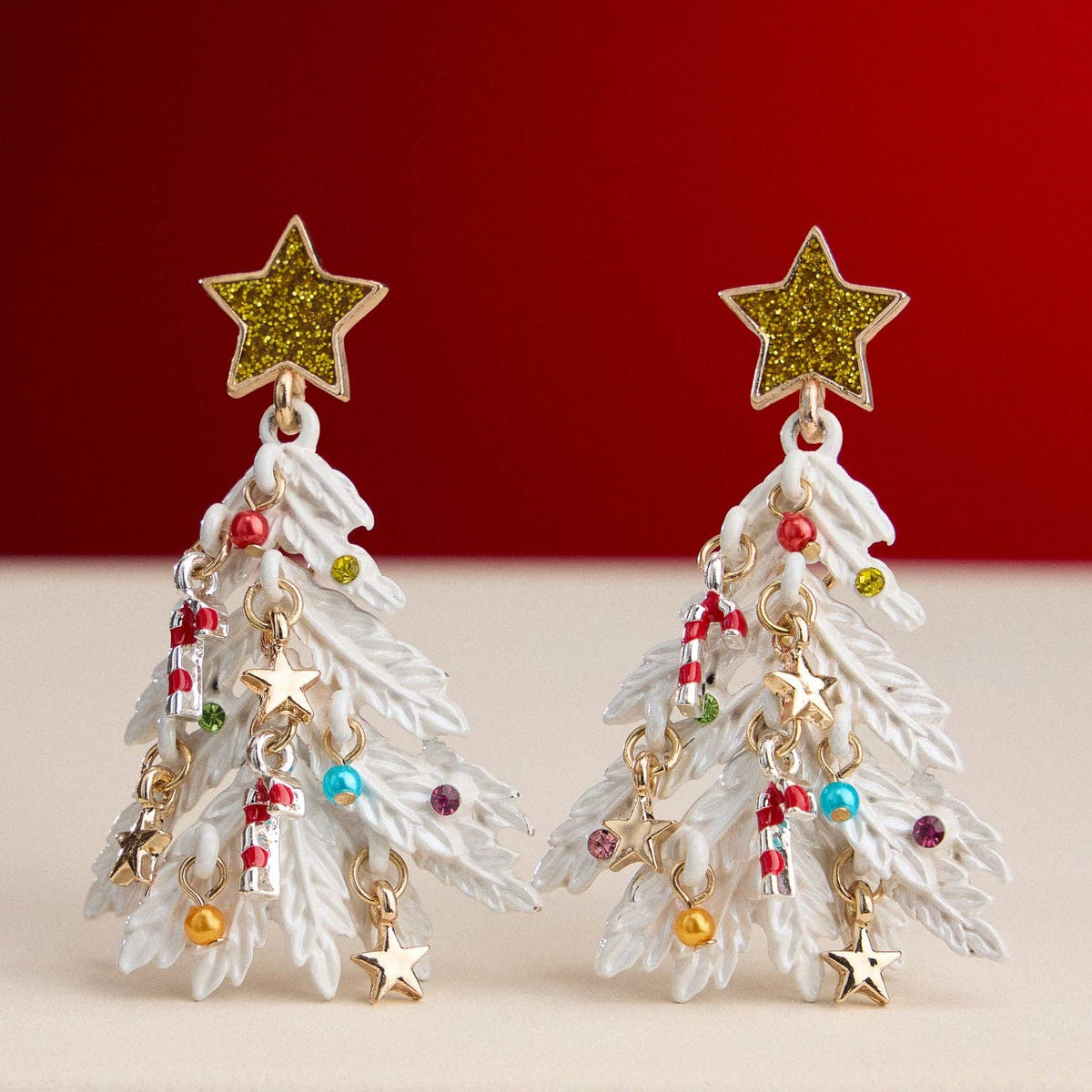 Christmas Tree Charm Dangle Earrings | Faux Pearl Holiday Earrings