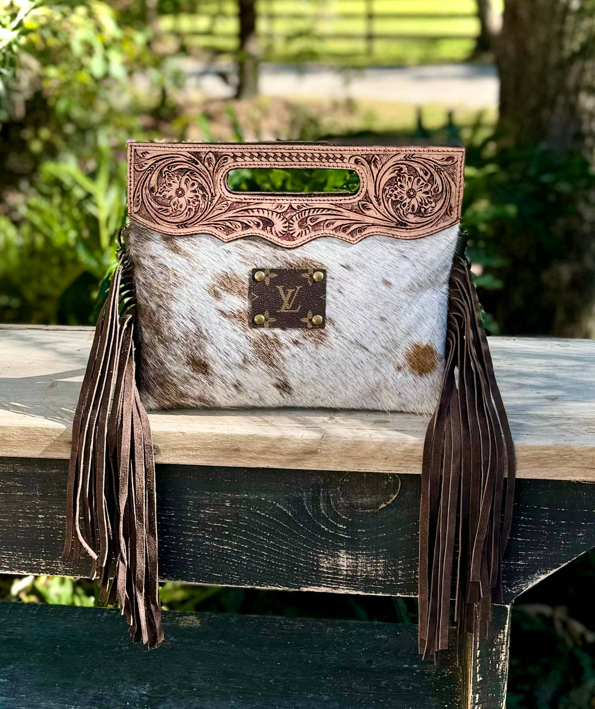 Upcycled LV Cowhide Leather Crossbody Clutch Bag Western