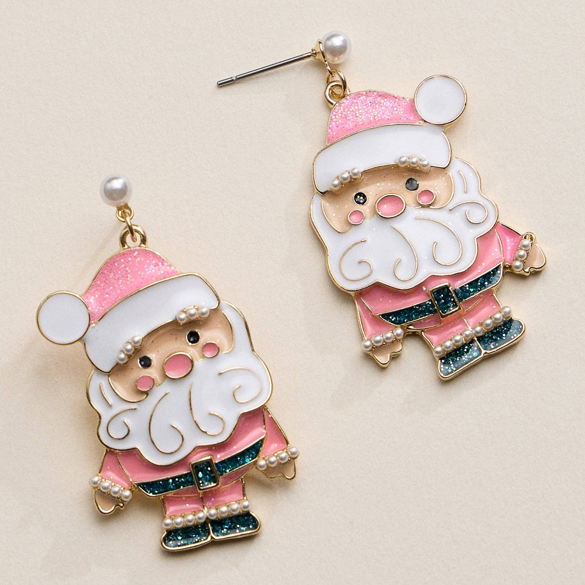 Enamel Pink Santa Claus | Christmas Drop Earrings