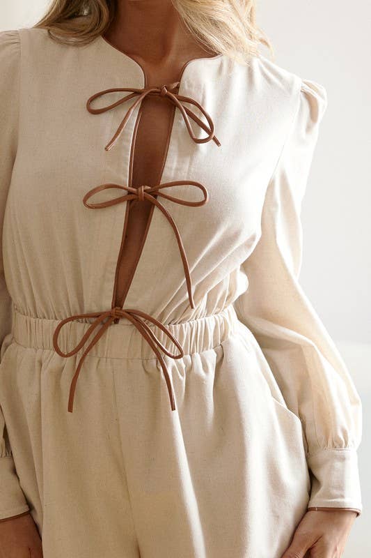Linen Blend Long Sleeve Romper with Tie Front