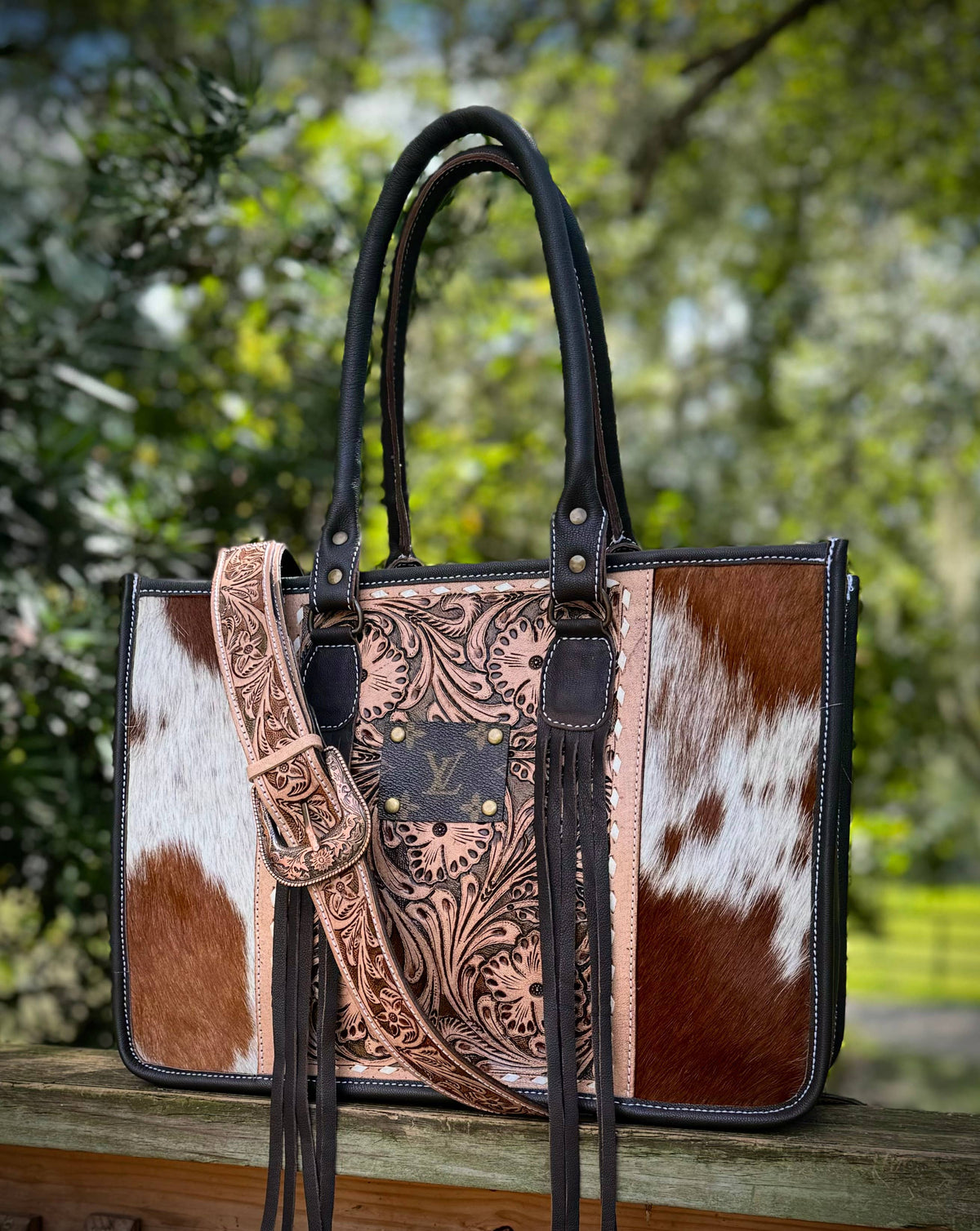 Upcycled LV Cowhide Tooled Leather Tote Crossbody