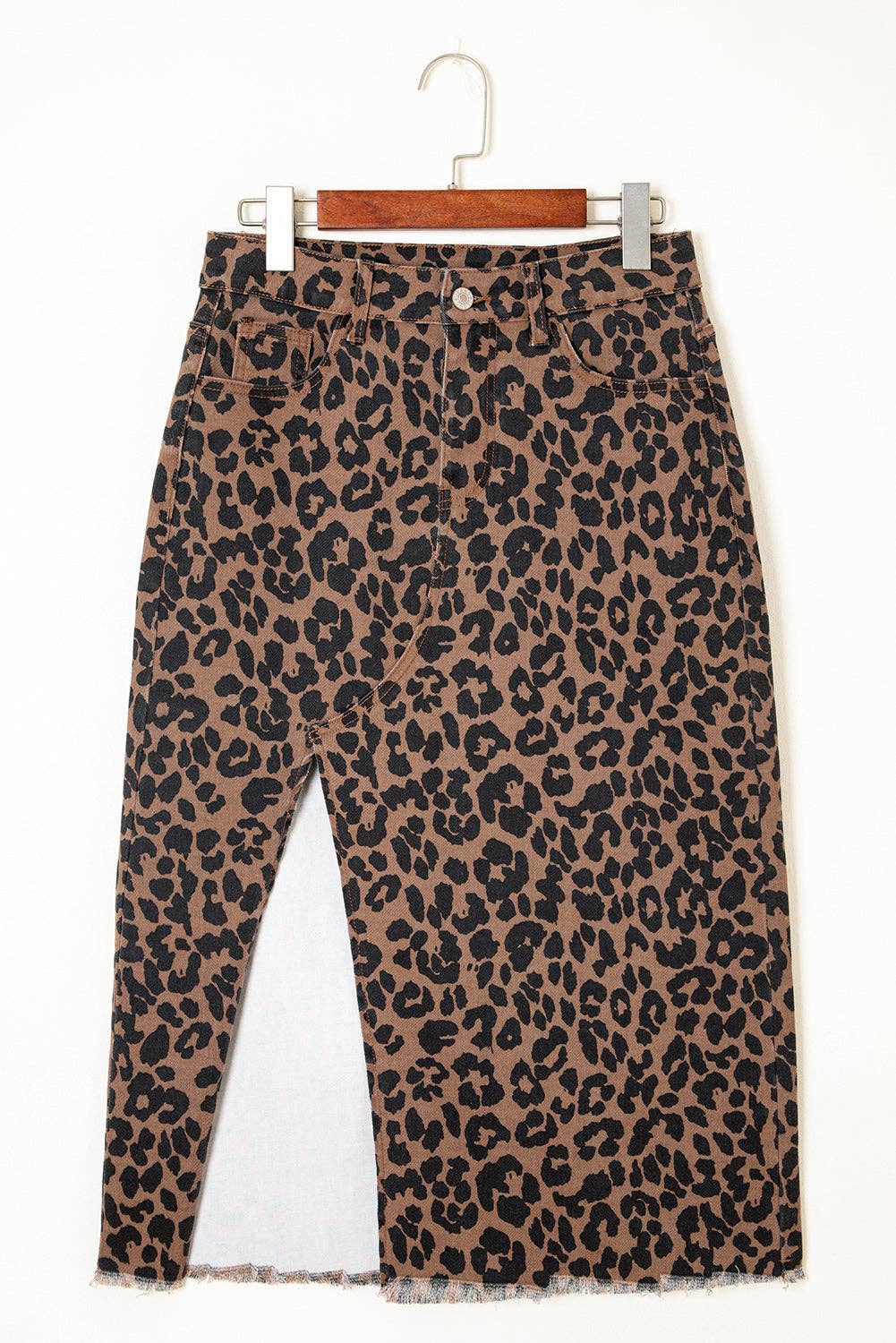 Leopard Denim Frayed Hem Midi Skirt: Brown / M