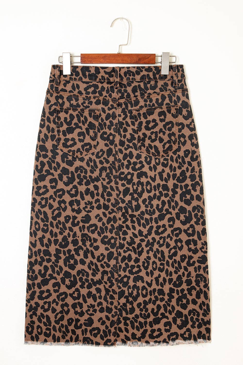 Leopard Denim Frayed Hem Midi Skirt: Brown / M