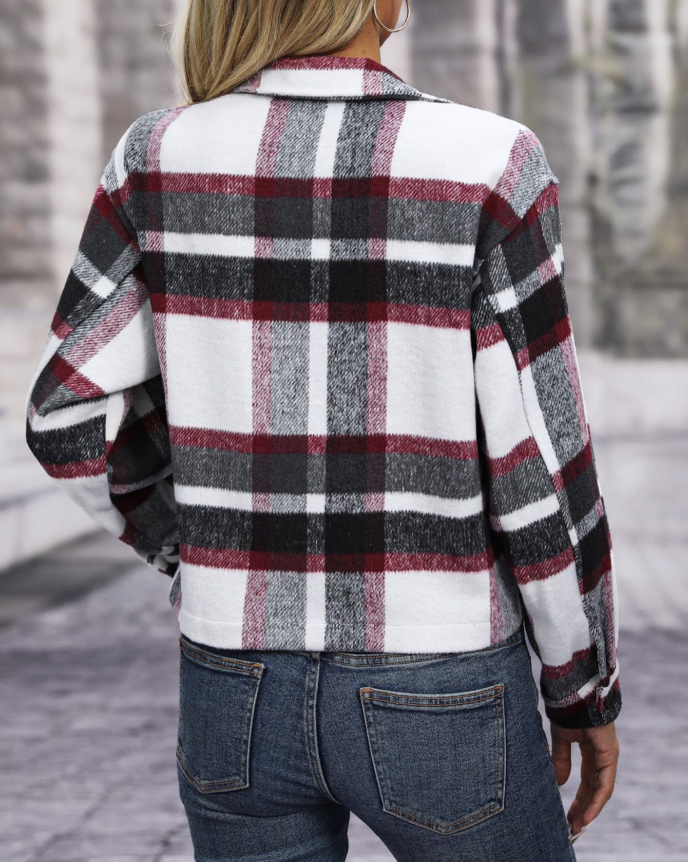 Lapel Check Pockets Tweed Cropped Jacket