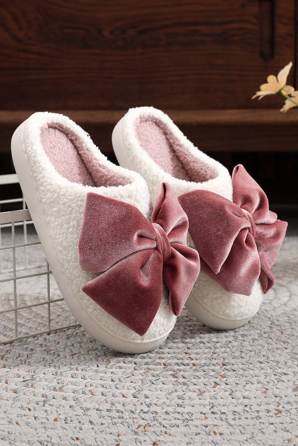 Pink Bow Decor Festival Plush Slippers | US6-11