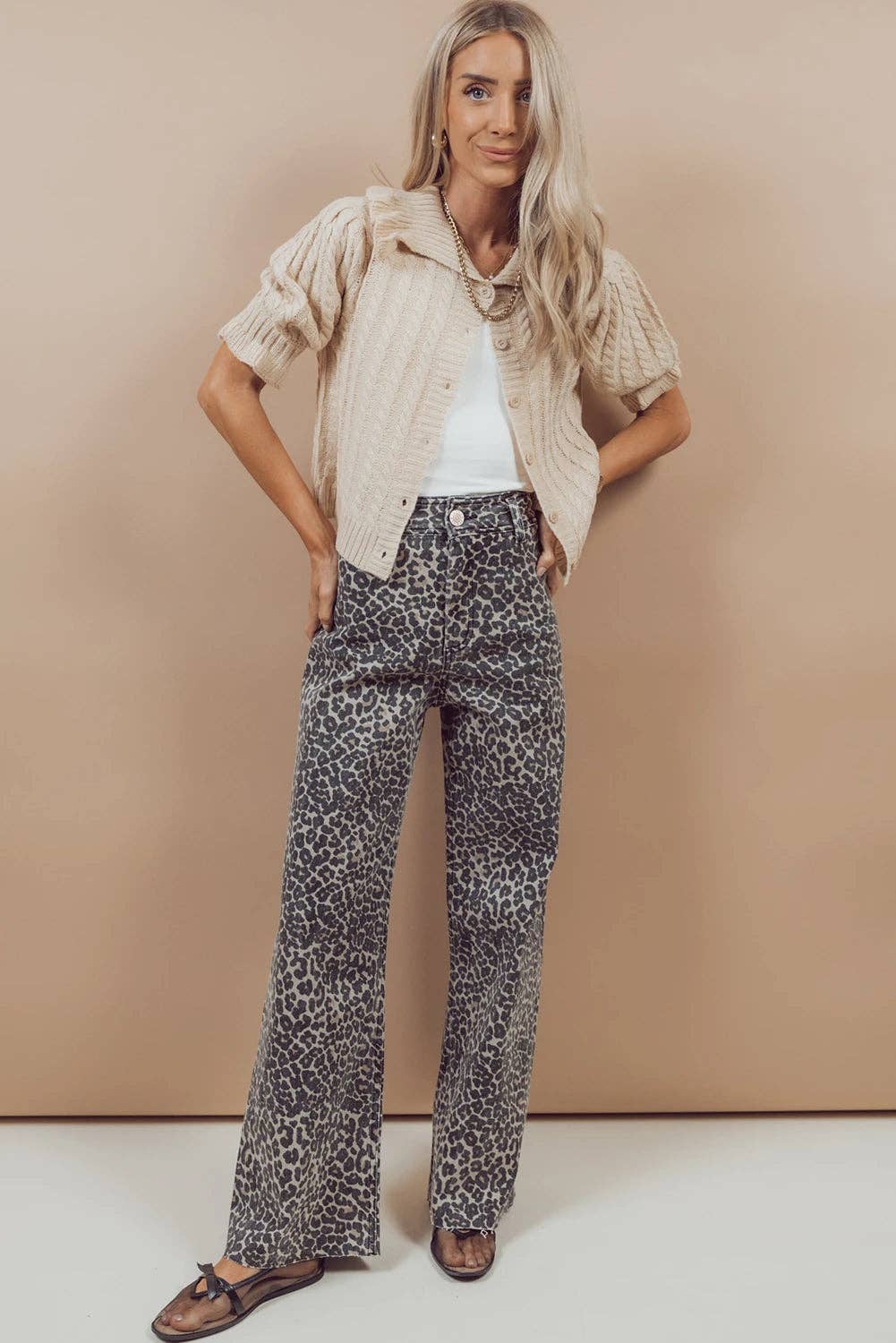 Black Leopard Print Wide Leg High Waist Jeans