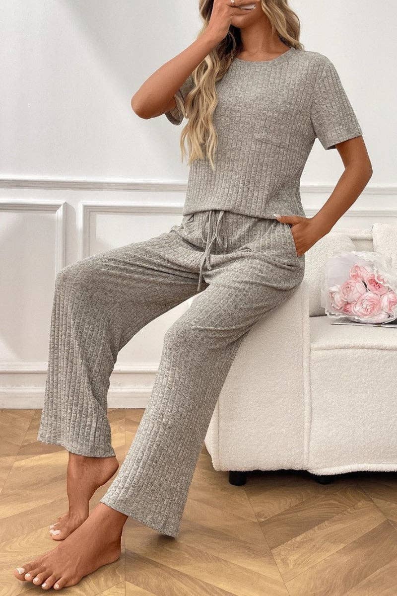 Ribbed Knit Lounge Set with Short Sleeve Top and Pants