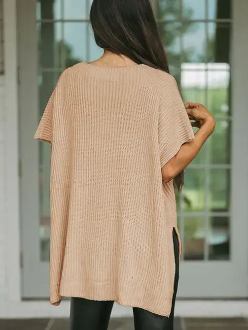 Gray Short Sleeve Side Slit Oversized Sweater: Apricot / 55%Acrylic+45%Cotton / S