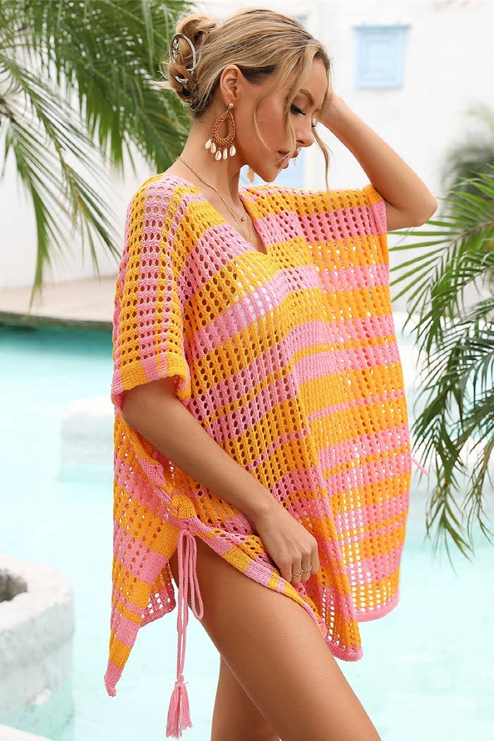STRIPE PATTERNED HOLLOW KNIT SWIMWEAR COVER UP