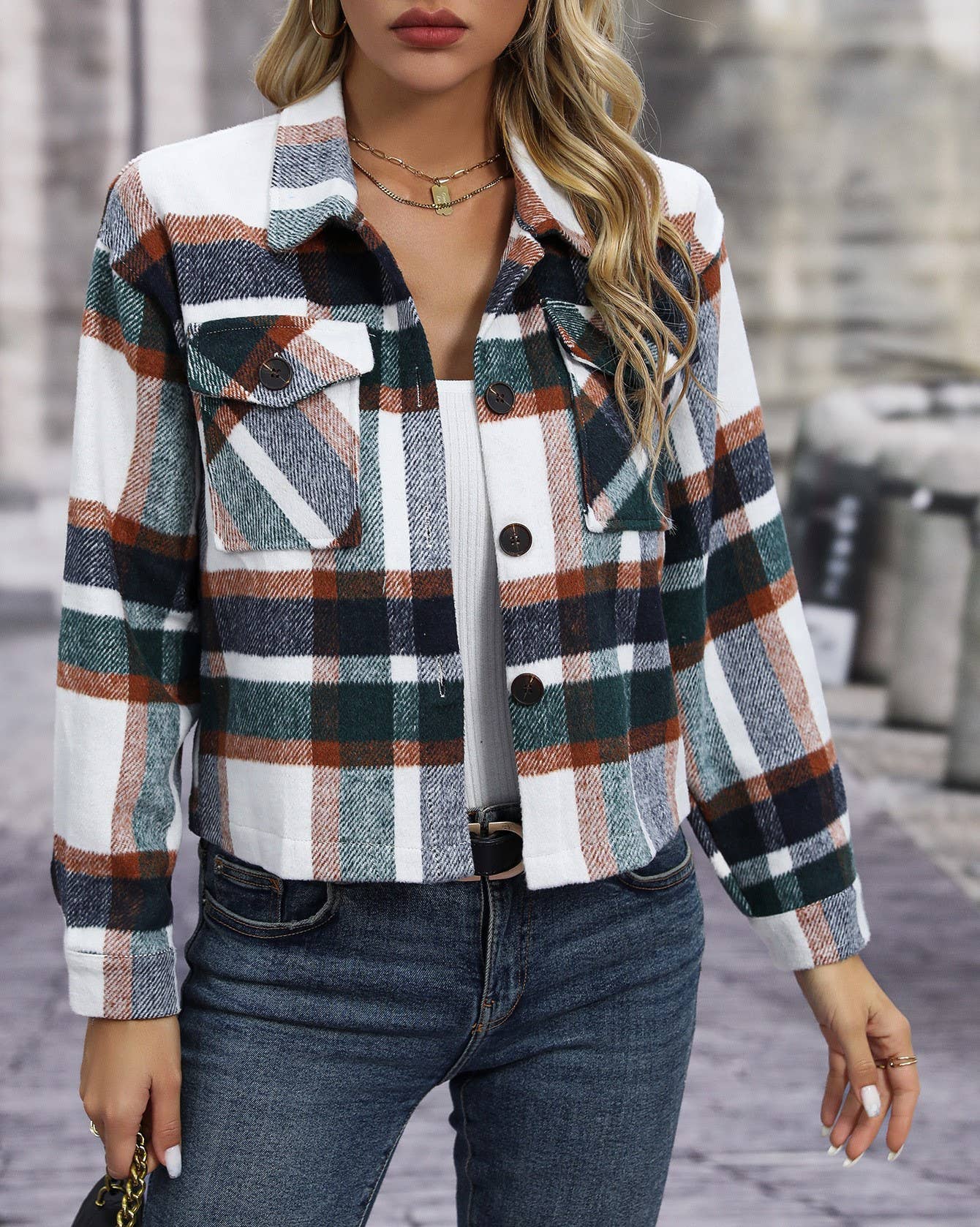 Lapel Check Pockets Tweed Cropped Jacket