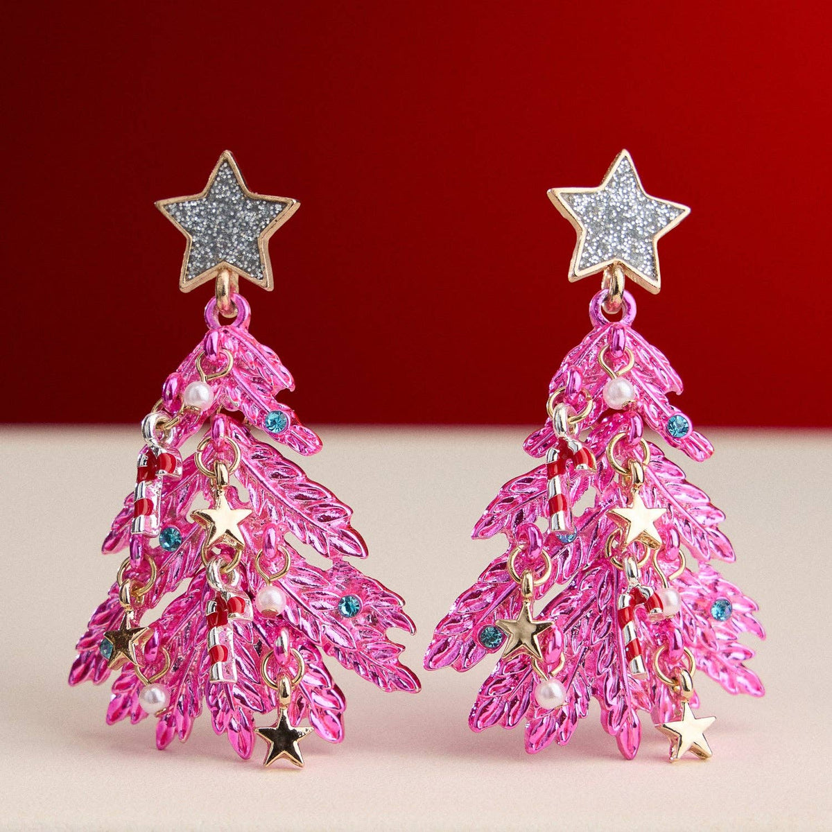 Christmas Tree Charm Dangle Earrings | Faux Pearl Holiday Earrings