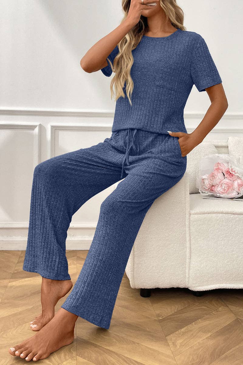 Ribbed Knit Lounge Set with Short Sleeve Top and Pants