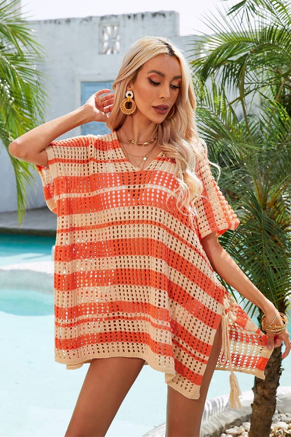 STRIPE PATTERNED HOLLOW KNIT SWIMWEAR COVER UP