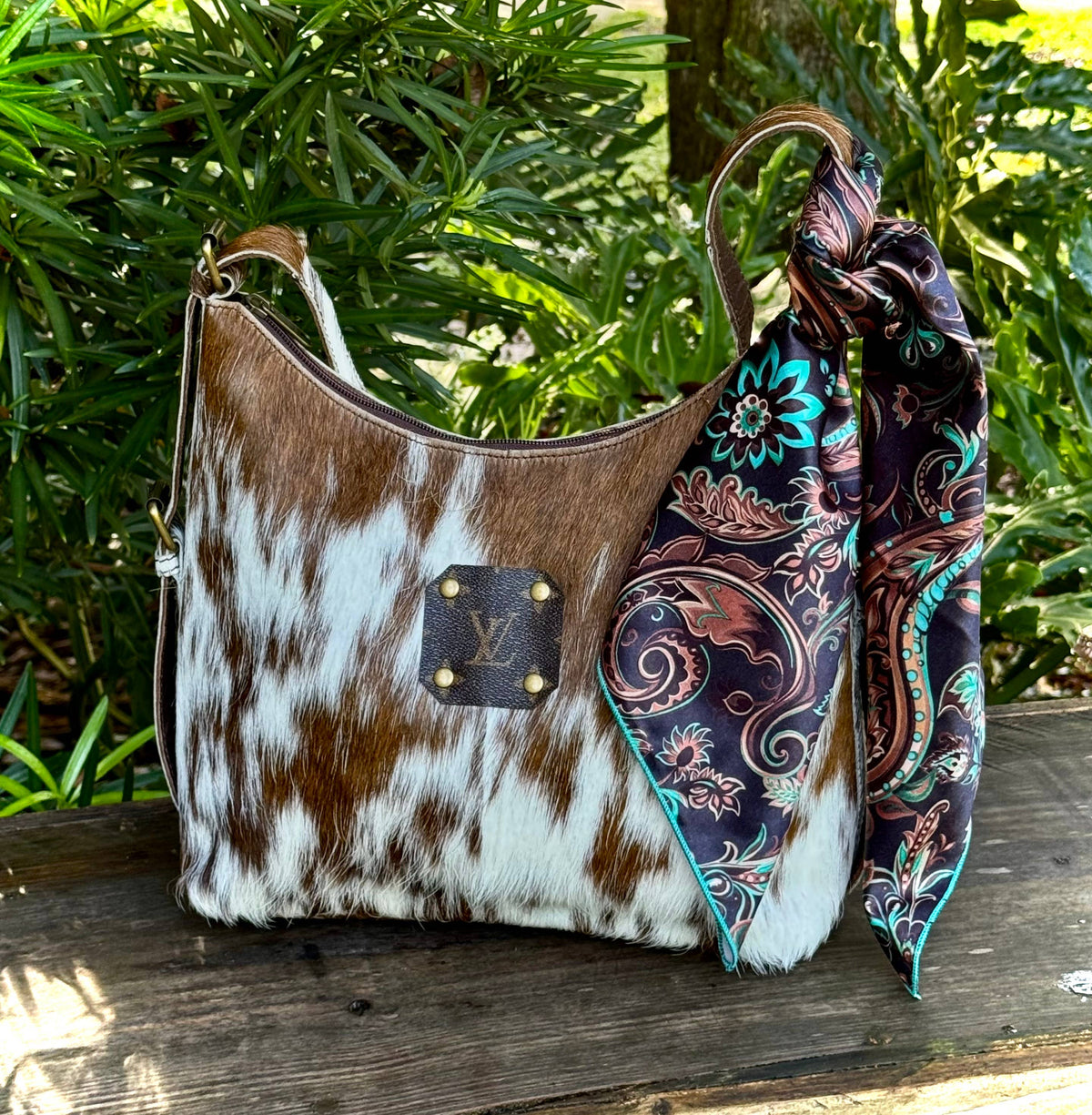 Upcycled LV Cowhide Leather Shoulder Bag Western