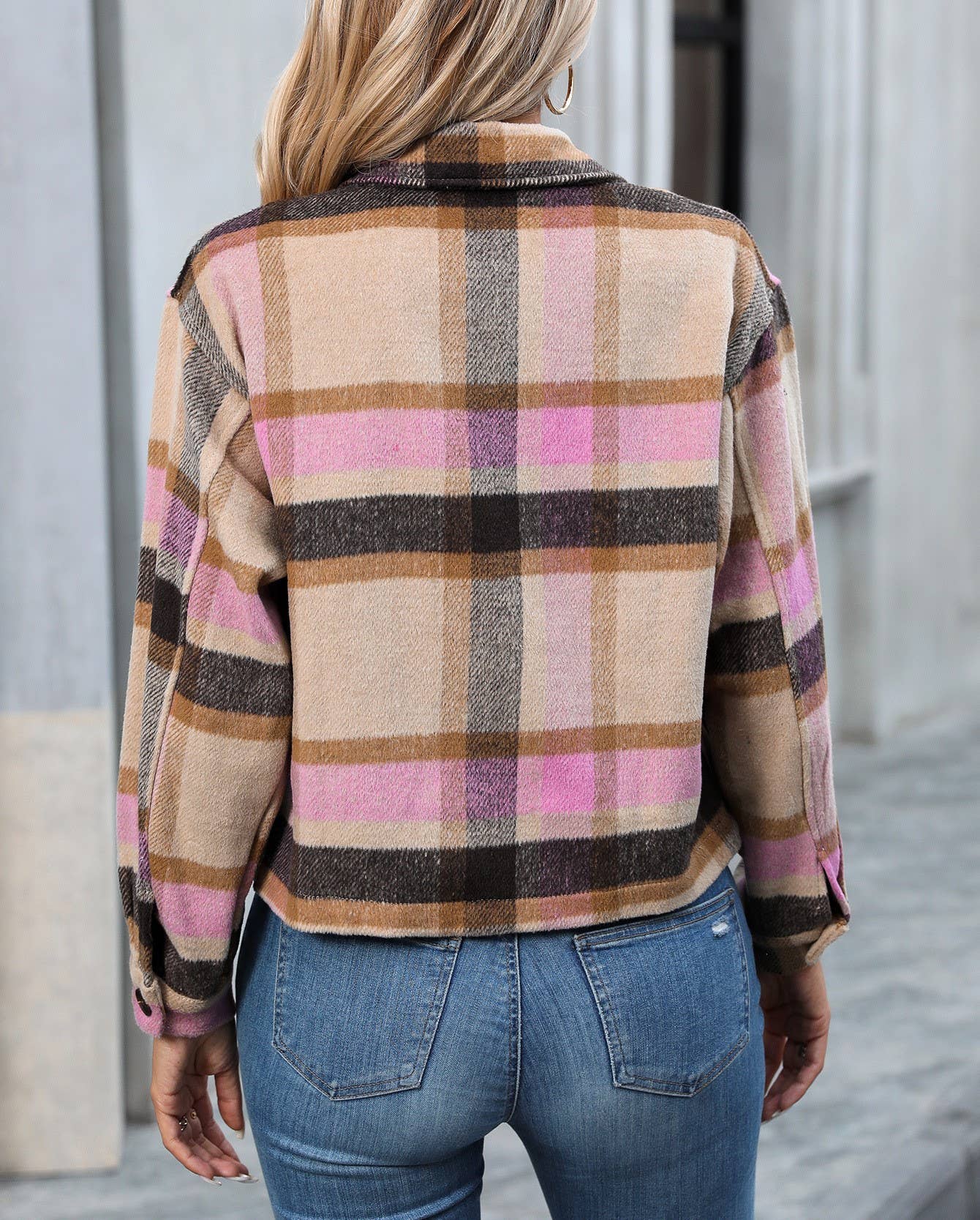 Lapel Check Pockets Tweed Cropped Jacket