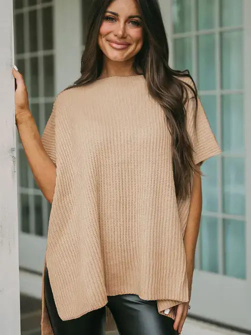 Gray Short Sleeve Side Slit Oversized Sweater: Apricot / 55%Acrylic+45%Cotton / L