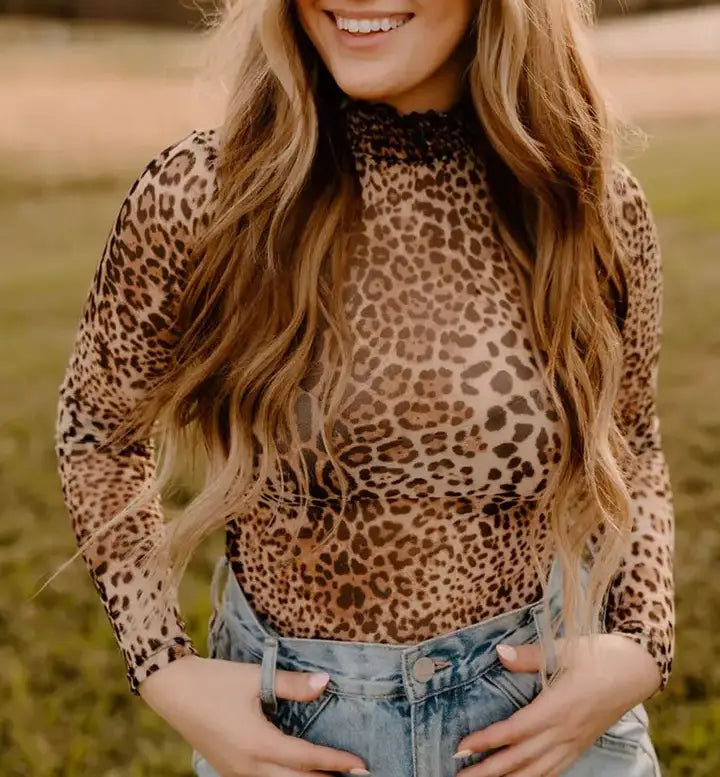 Brown Leopard Smocked Neck Mesh Long Sleeve Bodysuit