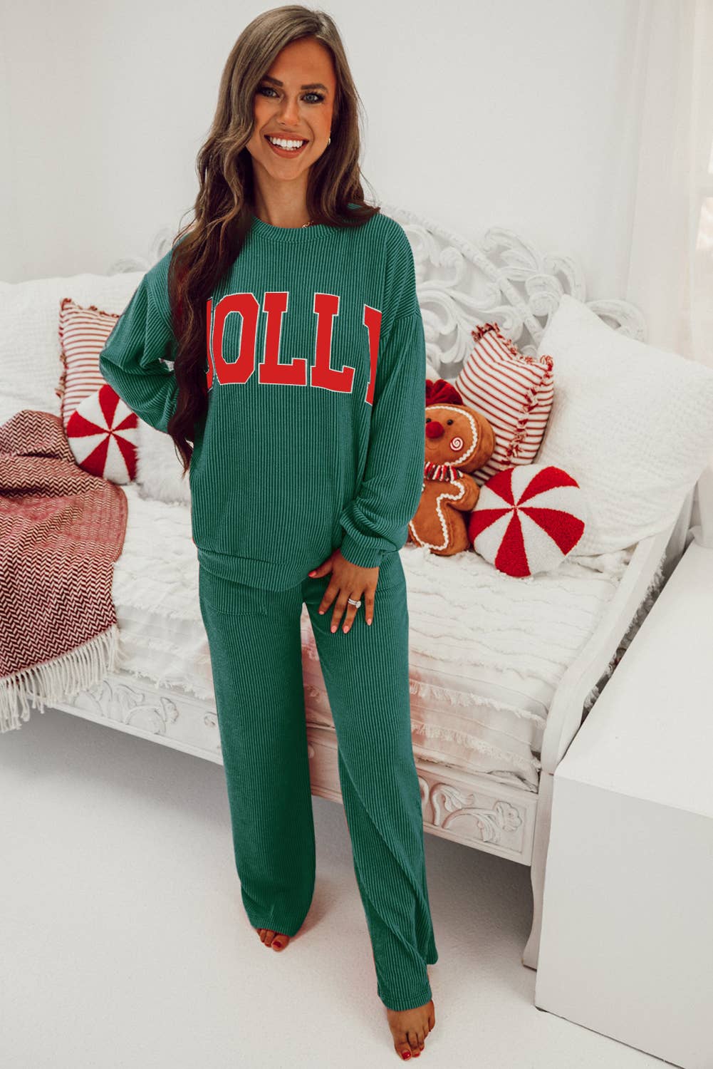 JOLLY Ribbed Knit Loungewear Set with Long Sleeve Top