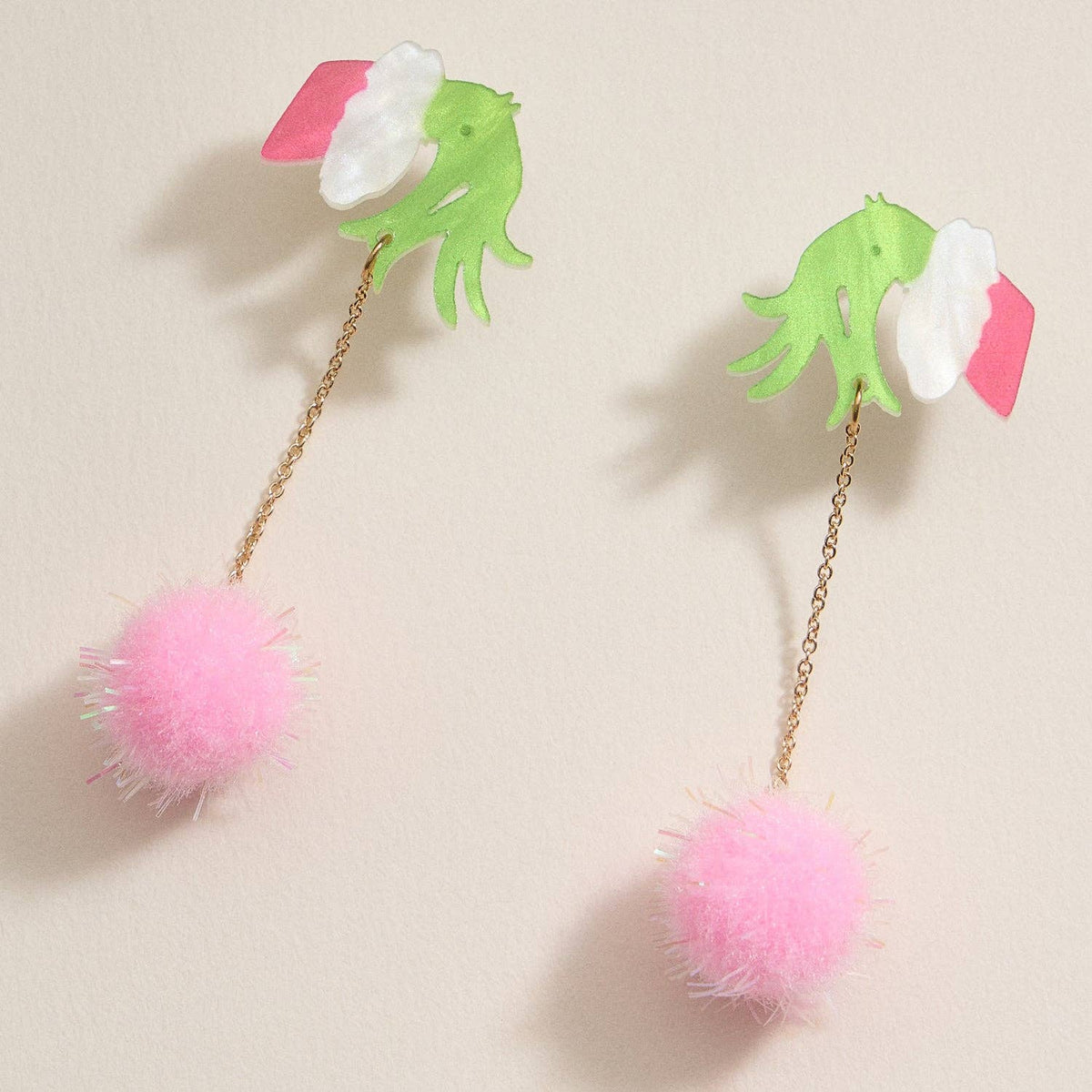 Green Monster Pom Pom Drop Earrings | Whimsical Acrylic Earrings