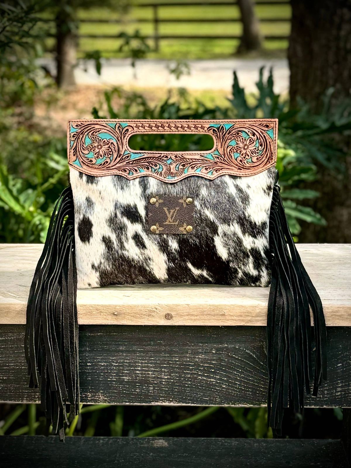 Upcycled LV Cowhide Leather Fringe Crossbody Clutch Bag Boho