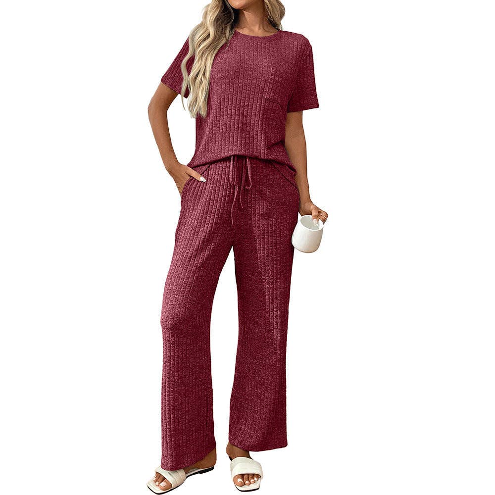 Ribbed Knit Lounge Set with Short Sleeve Top and Pants
