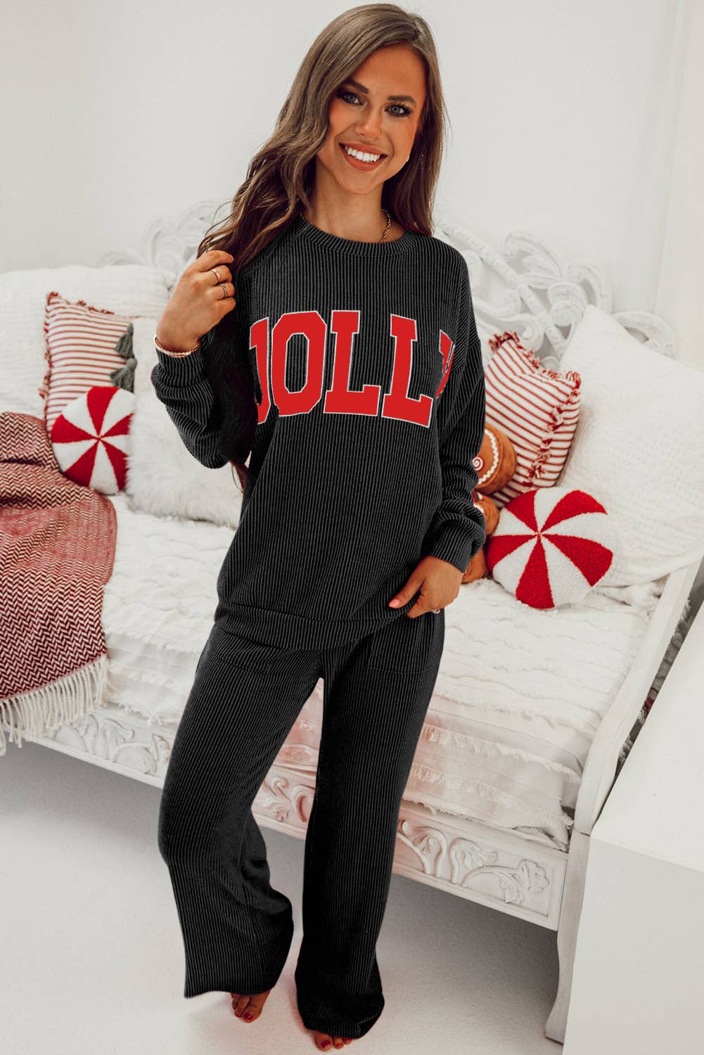 JOLLY Ribbed Knit Loungewear Set with Long Sleeve Top