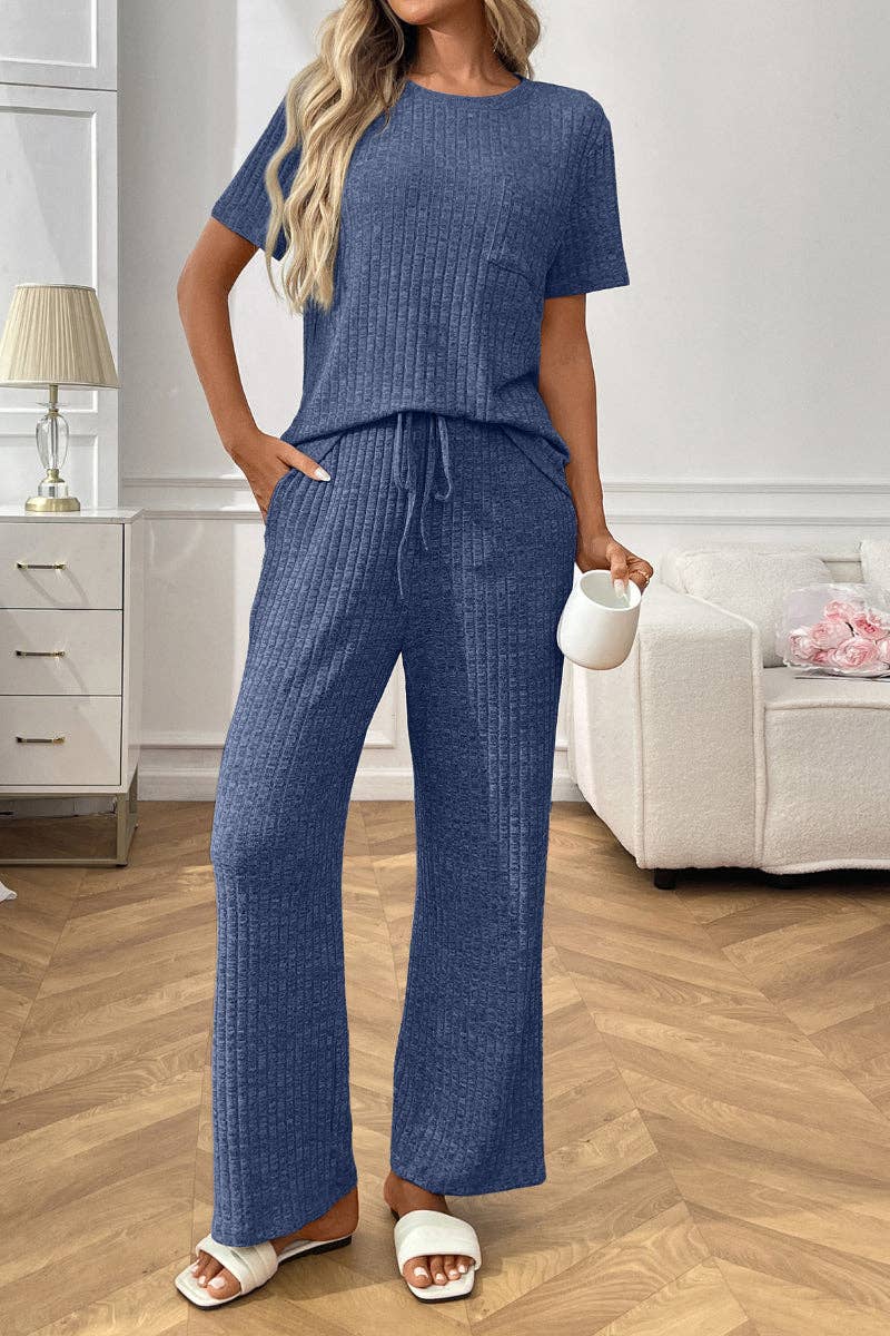 Ribbed Knit Lounge Set with Short Sleeve Top and Pants
