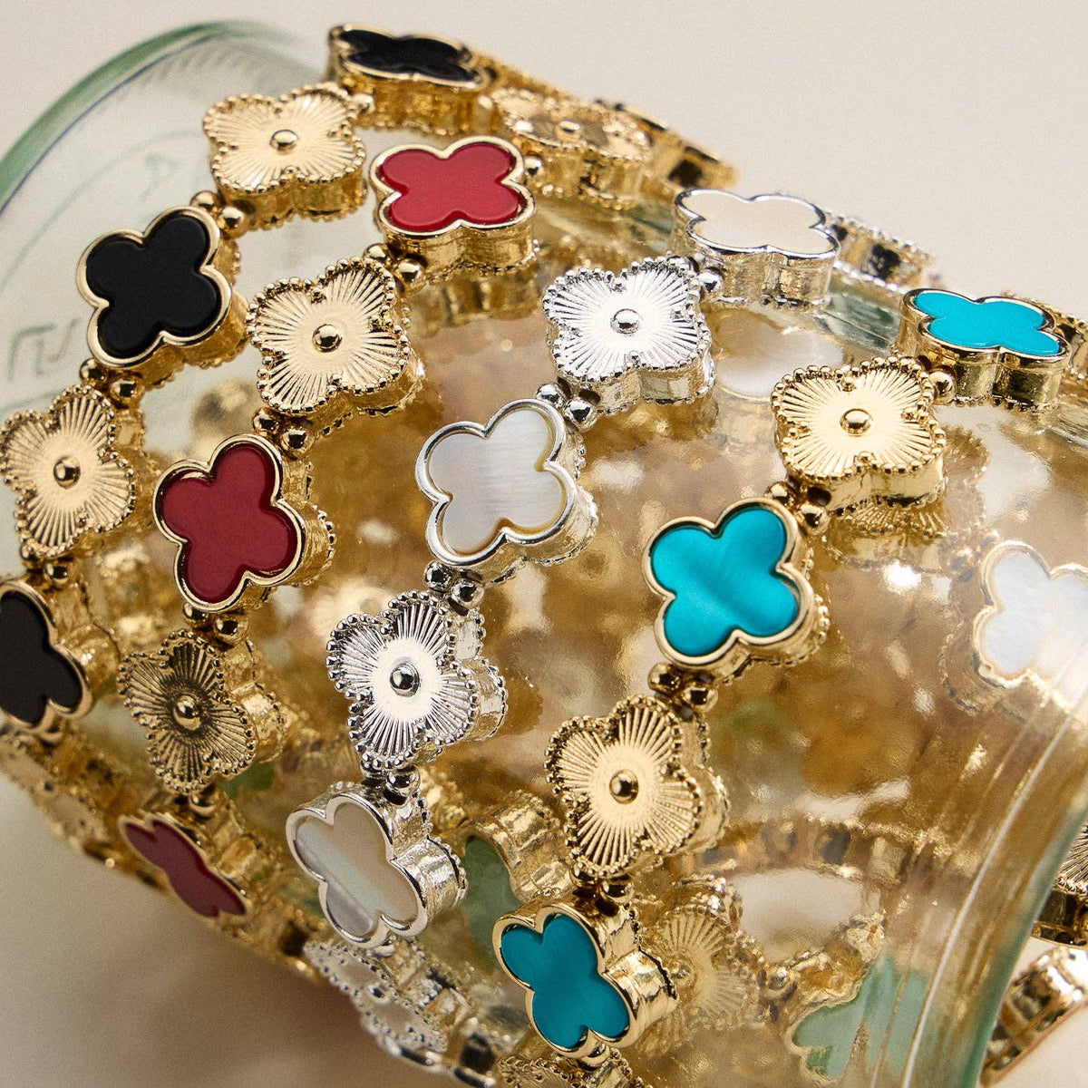 Clover Charm Stretch Bracelet | Gold Dipped Enamel Floral Bracelet