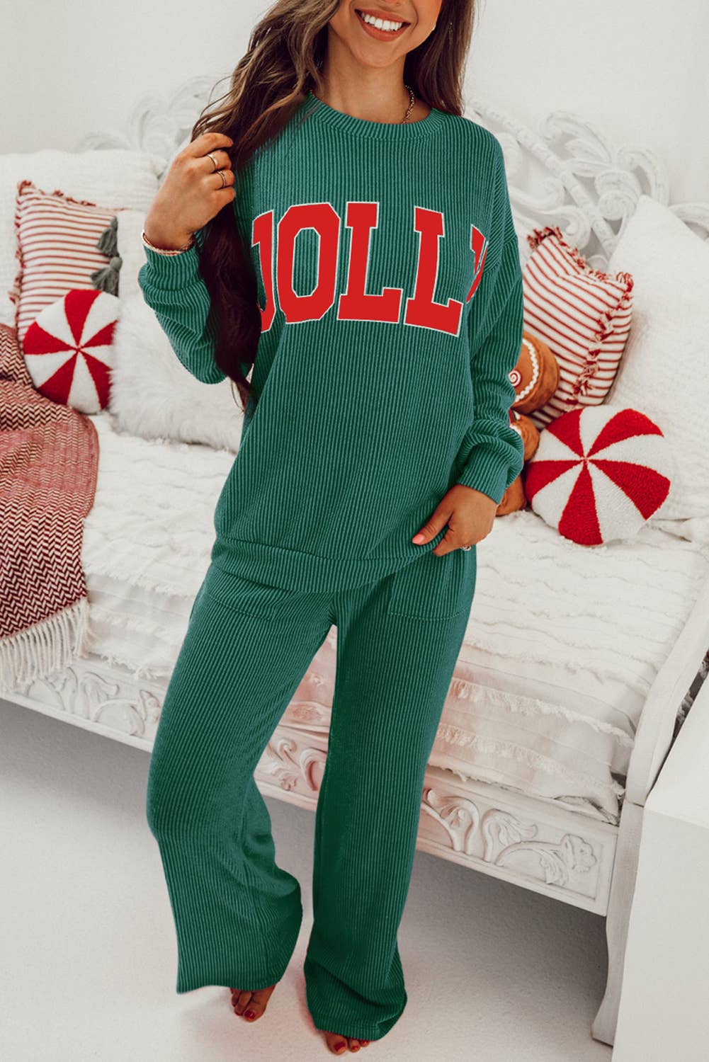 JOLLY Ribbed Knit Loungewear Set with Long Sleeve Top