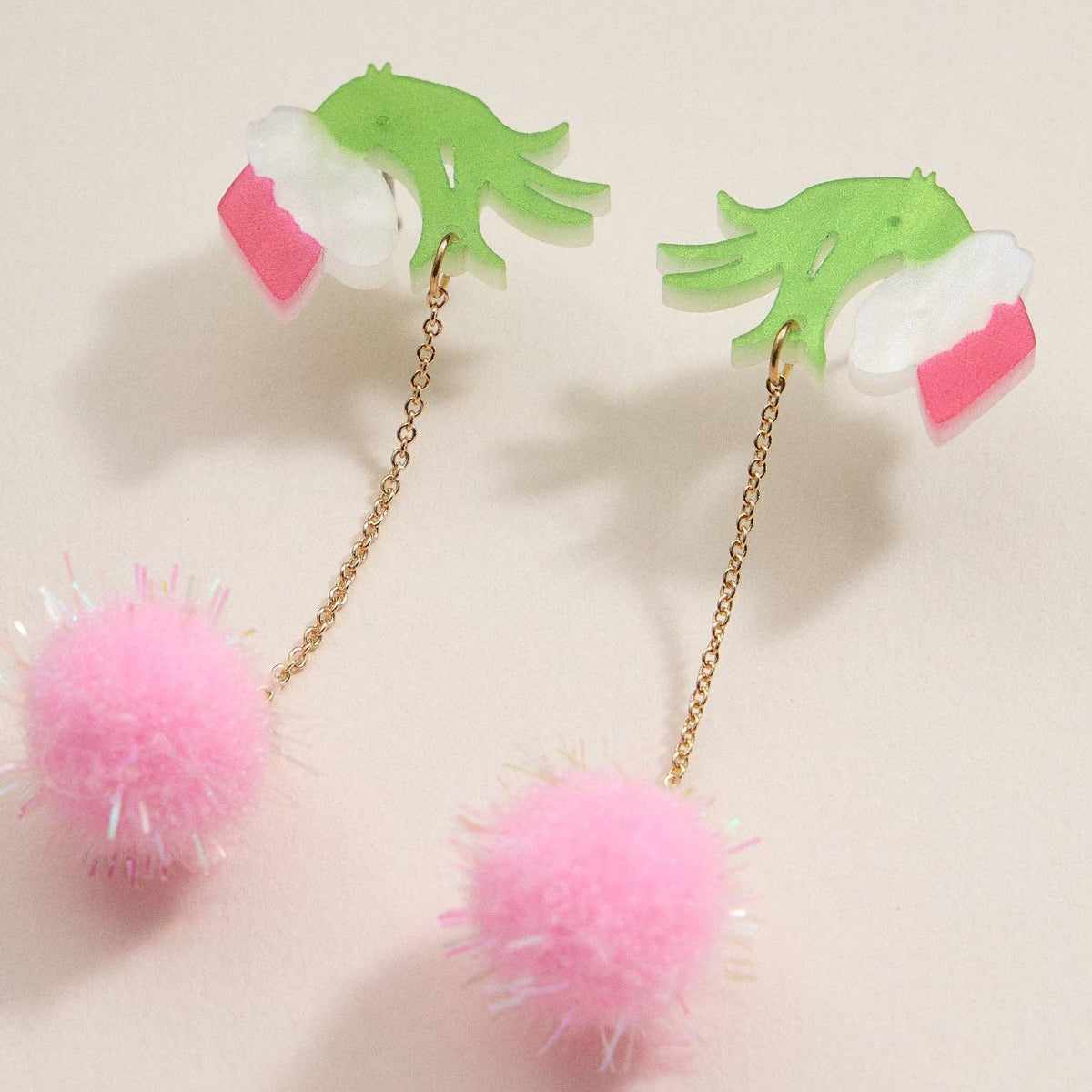 Green Monster Pom Pom Drop Earrings | Whimsical Acrylic Earrings