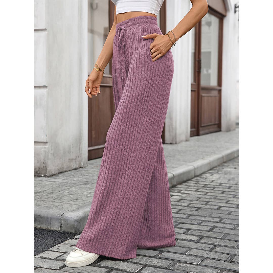 Solid Drawstring Ribbed Brushed Elastic Waist Pants HLL283