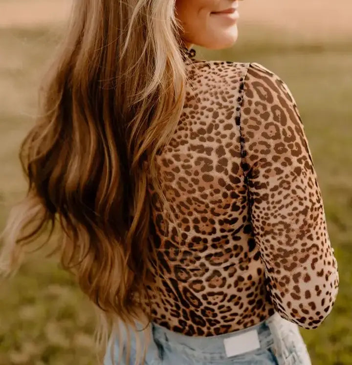 Brown Leopard Smocked Neck Mesh Long Sleeve Bodysuit