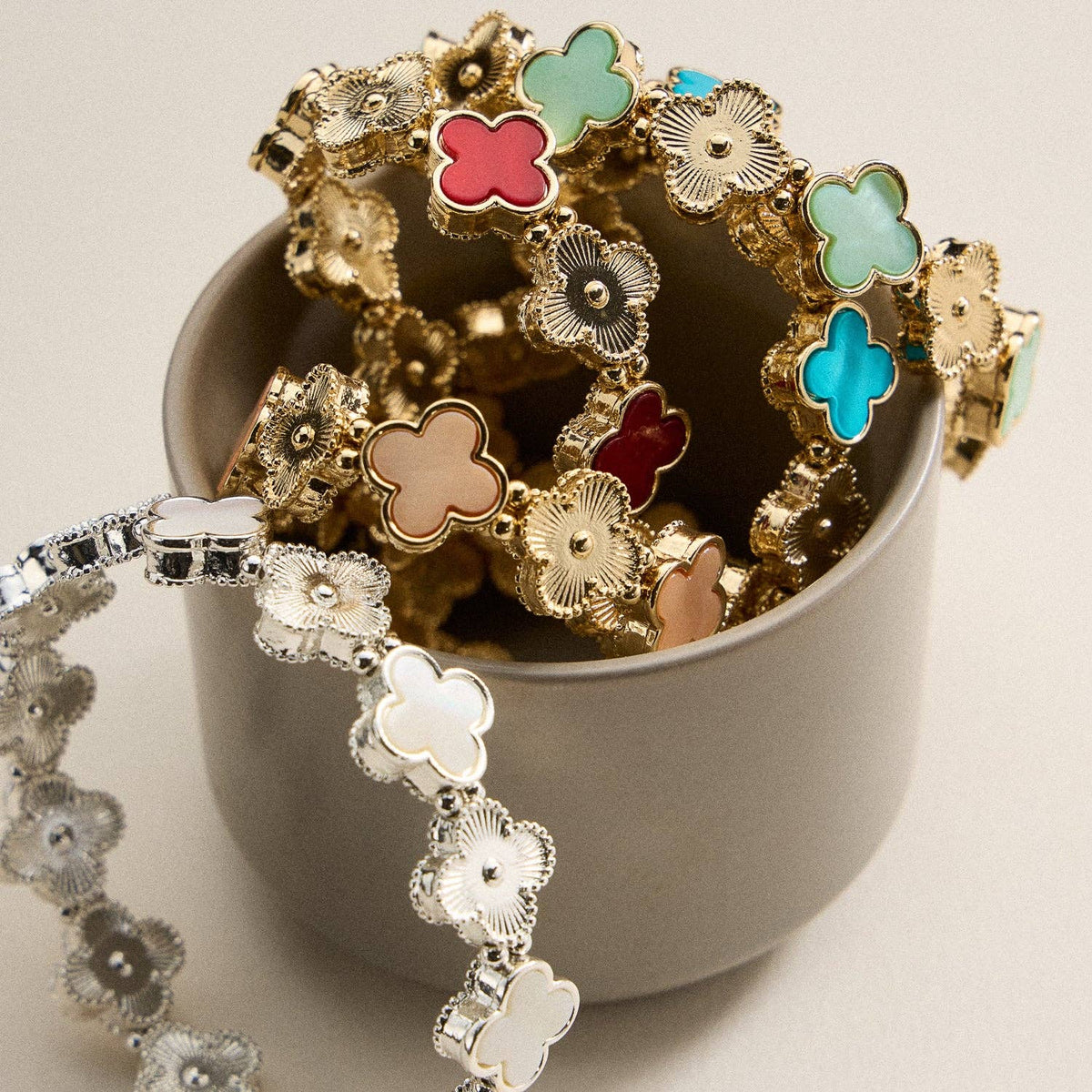 Clover Charm Stretch Bracelet | Gold Dipped Enamel Floral Bracelet