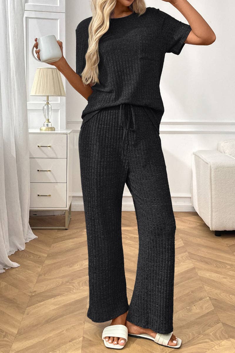 Ribbed Knit Lounge Set with Short Sleeve Top and Pants